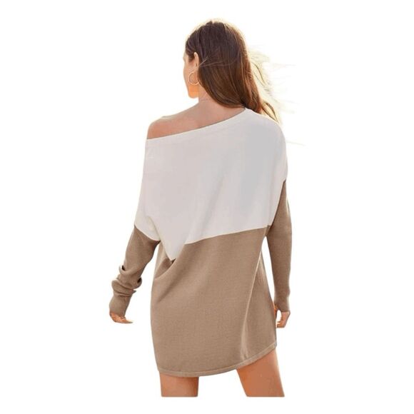 Pretty Garden Colorblock Sweater Mini Dress Cream Tan Knit S - Picture 3 of 10